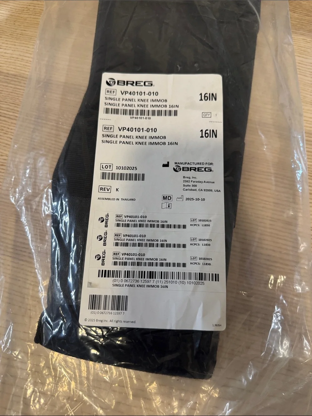 Breg Black Single Panel Knee immobilazer- 16IN